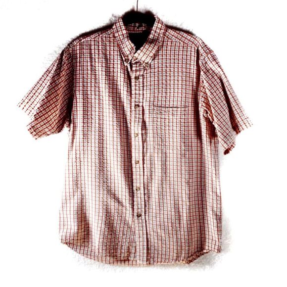 Eddie Bauer Orange Plaid Checkered Button Down Short Sleeve Men Shirt Medium - Picture 14 of 15